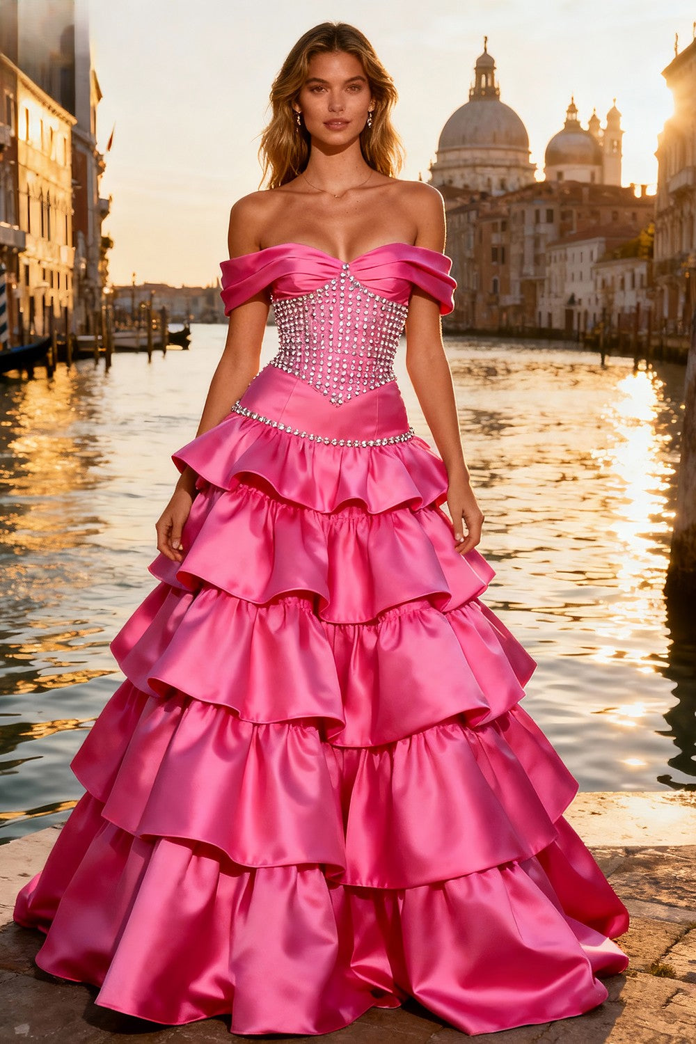 Sparkly Bright Pink Beaded Off the Shoulder Long Satin Prom Dress with Ruffles