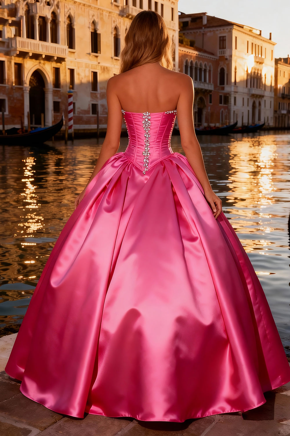 Bright Pink Sweetheart Ball Gown Satin Long Corset Prom Dress