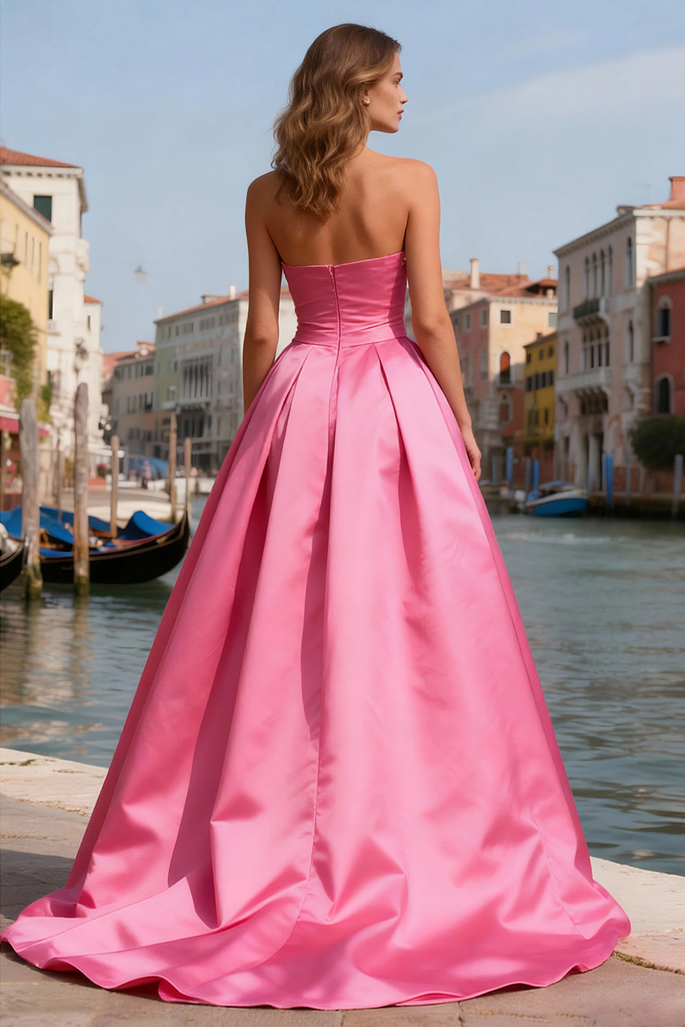 Princess Bright Pink Strapless Pearls Bowknot Long Prom Dress with Slit