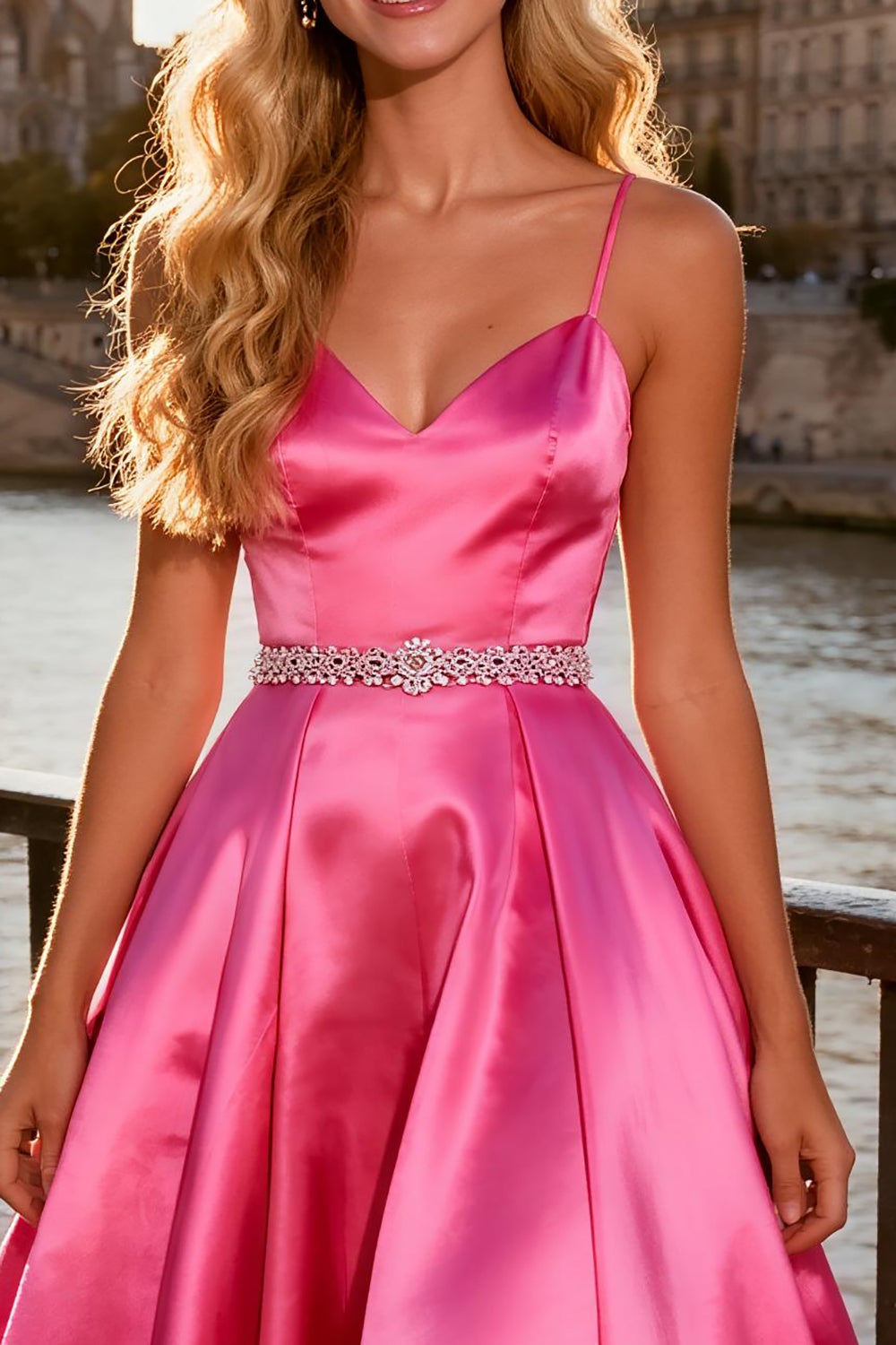 Sparkly Bright Pink Ball Gown Spaghetti Straps Satin Long Prom Dress