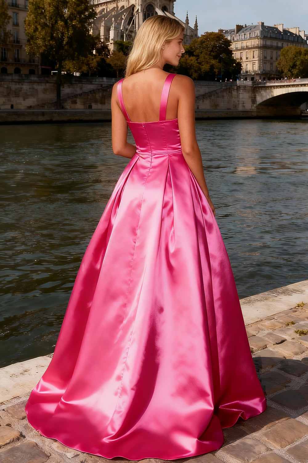 Bright Pink Thick Straps Ball Gown Long Satin Prom Dress with Beading