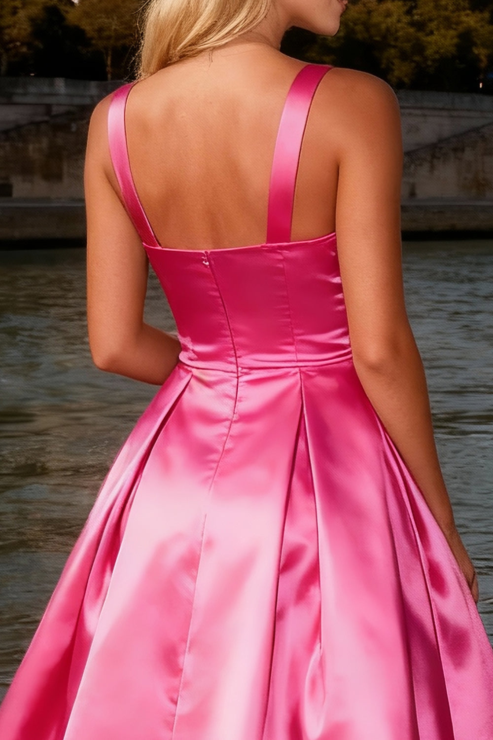 Bright Pink Thick Straps Ball Gown Long Satin Prom Dress with Beading