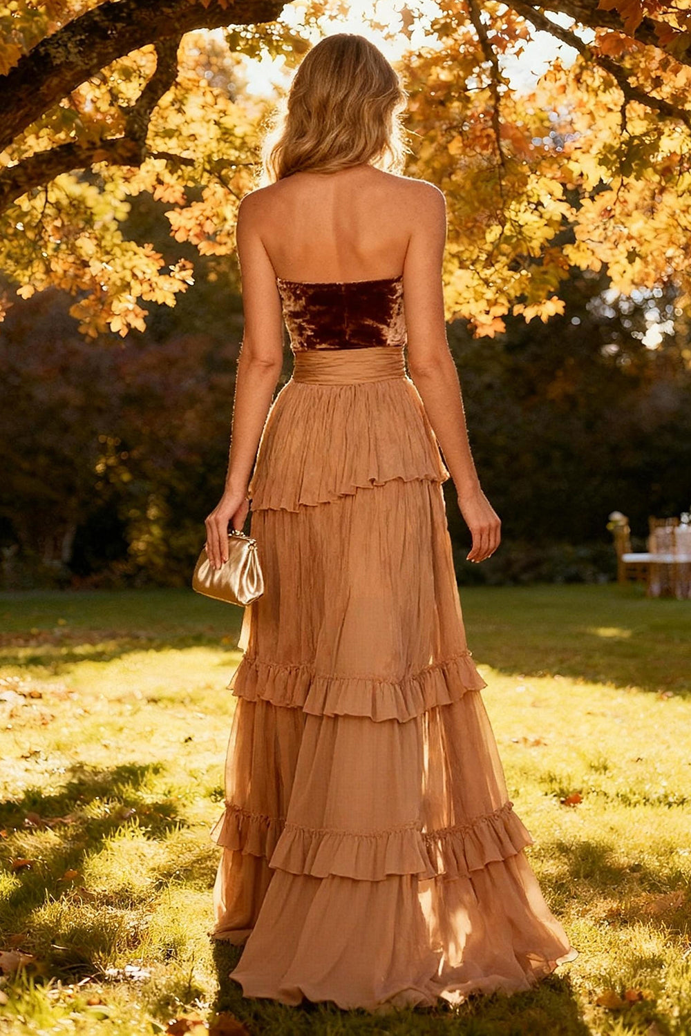 Khaki Chiffon Tiered Long Strapless Wedding Guest Dress with Slit