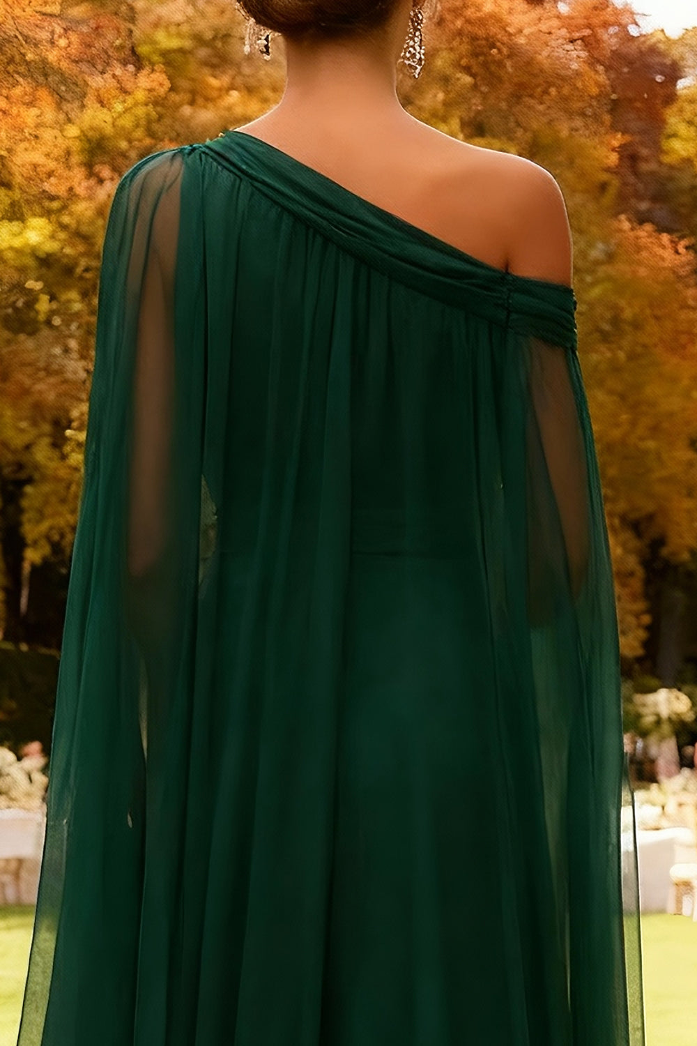 Dark Green Chiffon Long One Shoulder Wedding Guest Dress with Cape