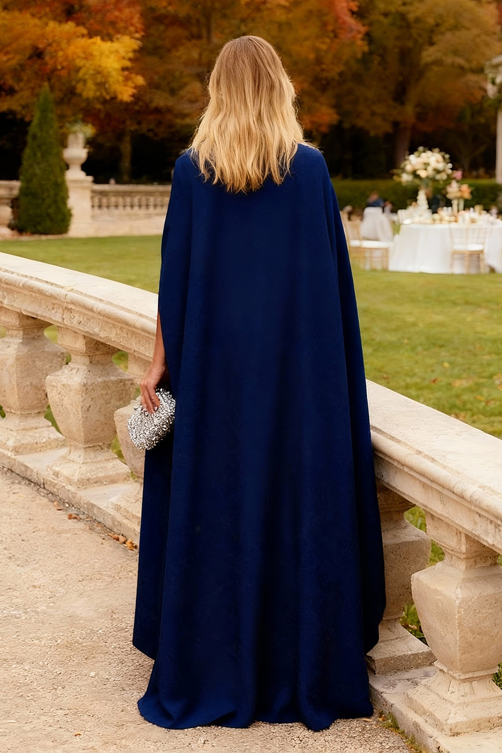 Navy Chiffon Long Mermaid Wedding Guest Dress with Cape