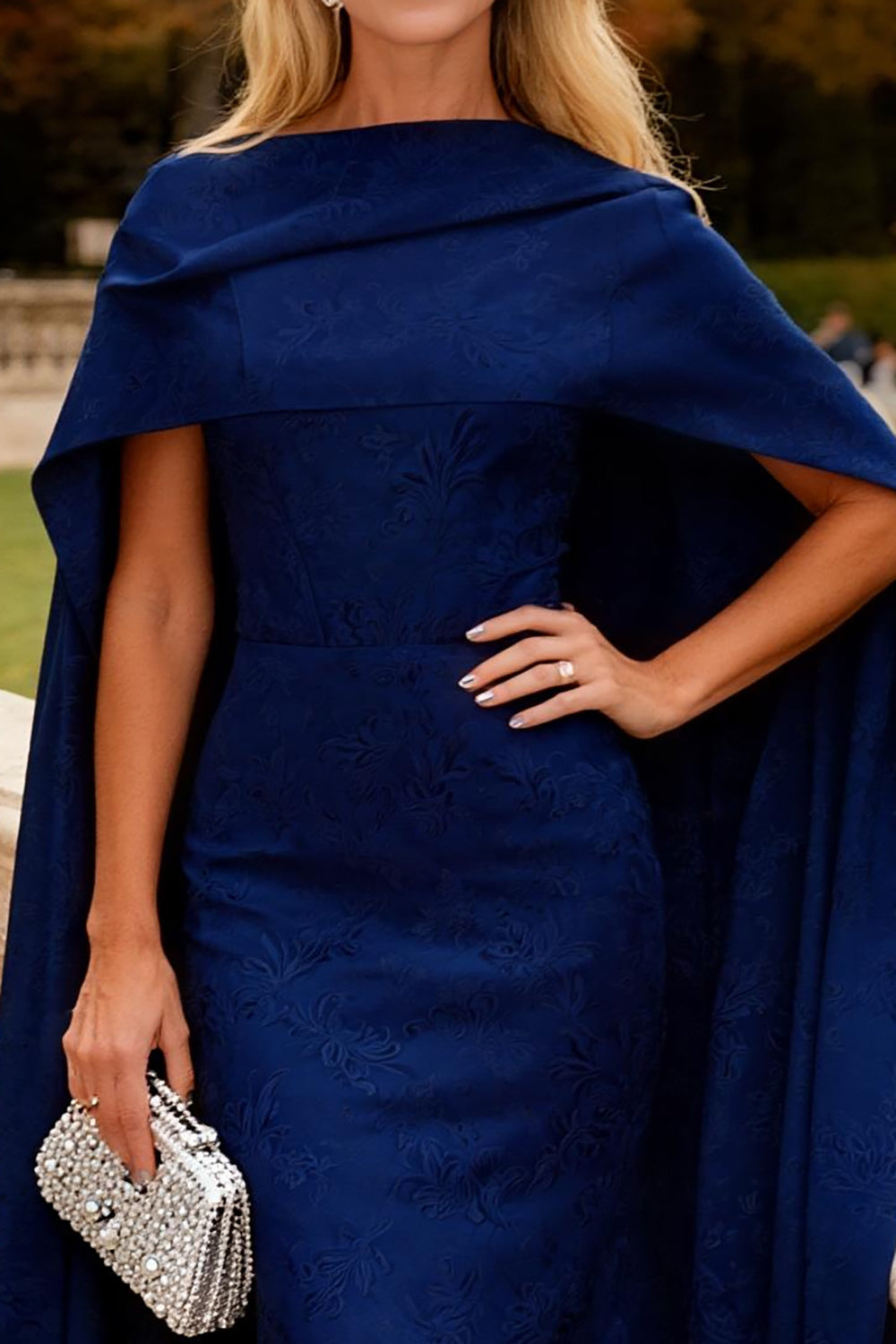 Navy Chiffon Long Mermaid Wedding Guest Dress with Cape