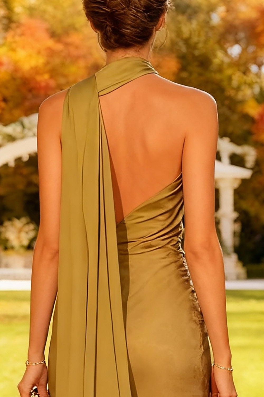 Khaki Satin Mermaid Long Halter Wedding Guest Dress