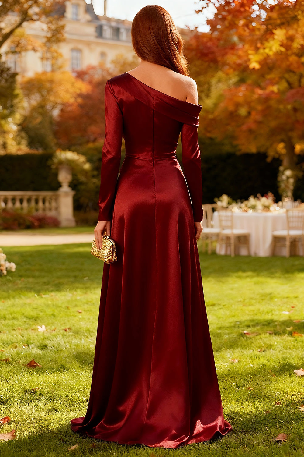 Burgundy Sheath Satin Wedding Guest Dress with Sleeves