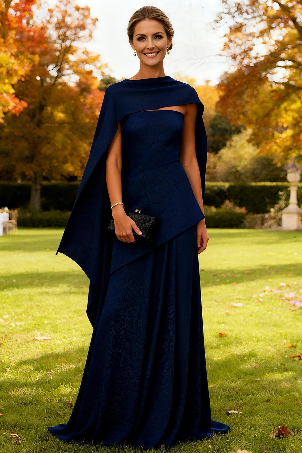 Navy Strapless Long Sheath Wedding Guest Dress with Cape