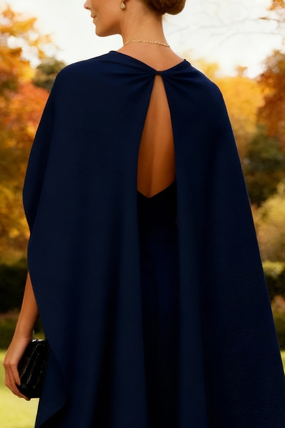 Navy Strapless Long Sheath Wedding Guest Dress with Cape