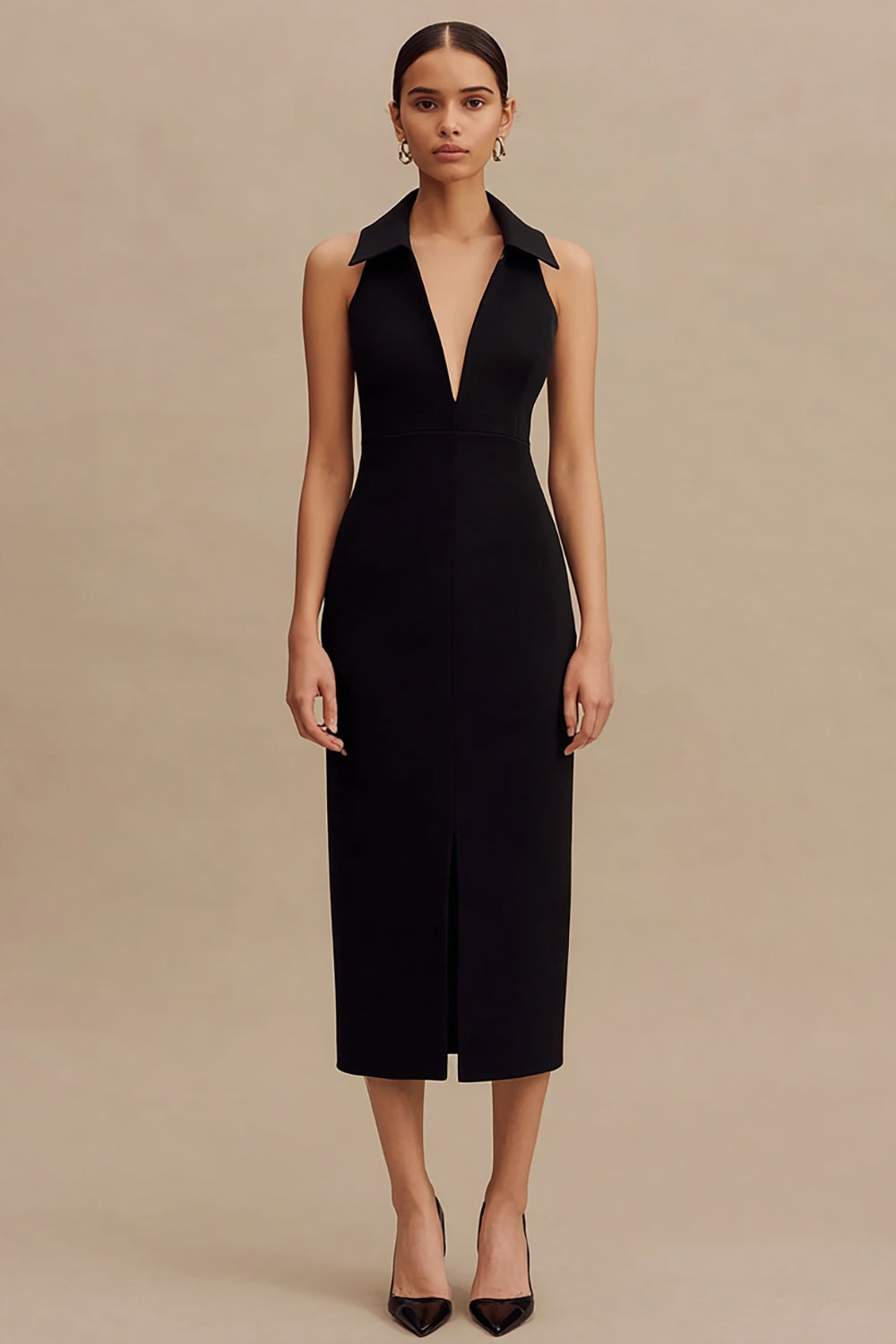 Black Bodycon Collar Neck Midi Cocktail Dress with Slit