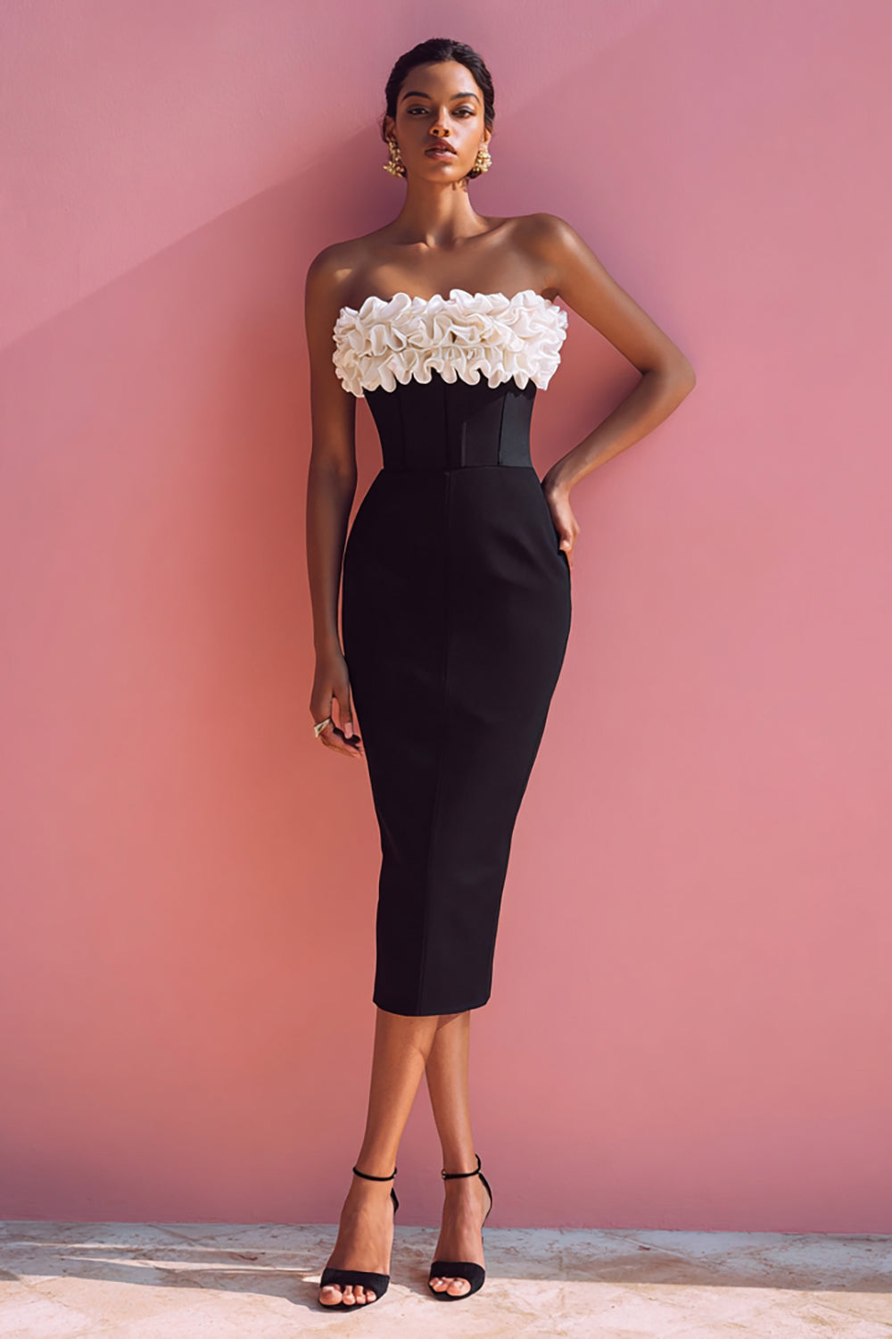 Black and White Bodycon Strapless Midi Corset Cocktail Dress with Ruffles