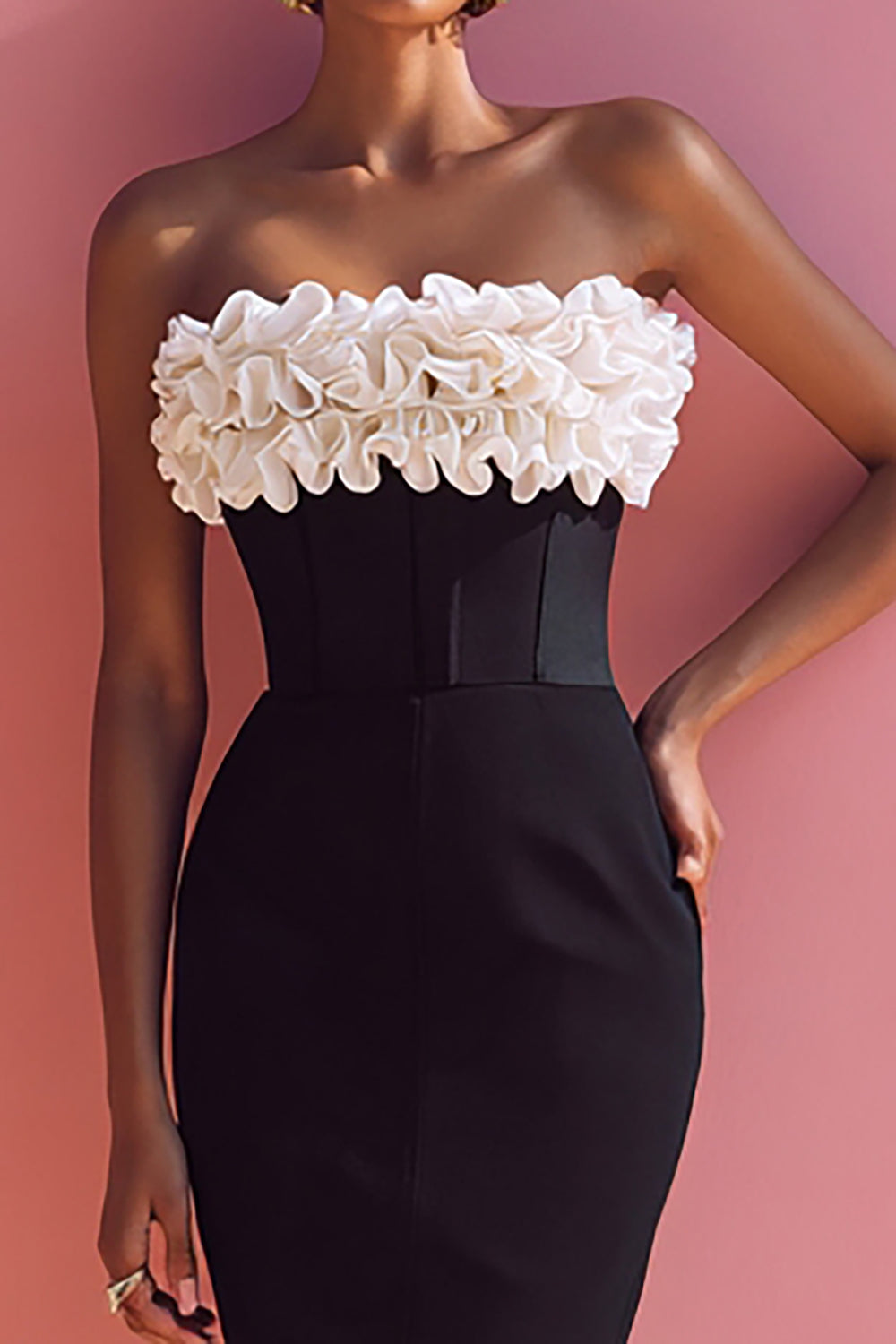 Black and White Bodycon Strapless Midi Corset Cocktail Dress with Ruffles