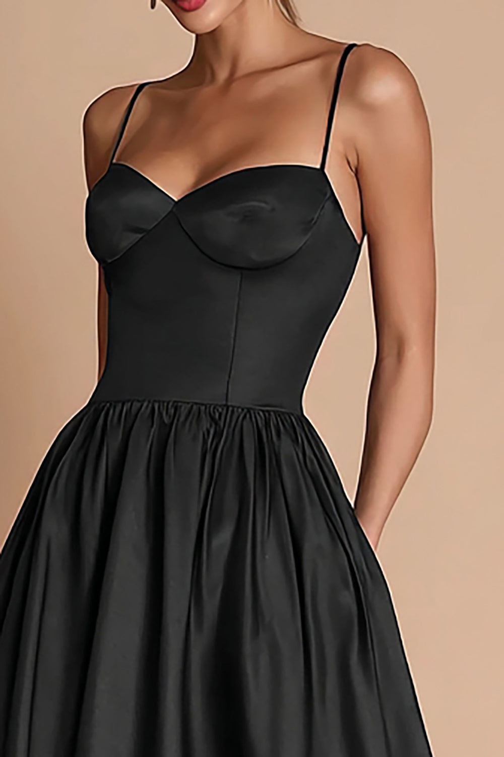 Black A-Line Satin Spaghetti Straps Long Black Tie Dress