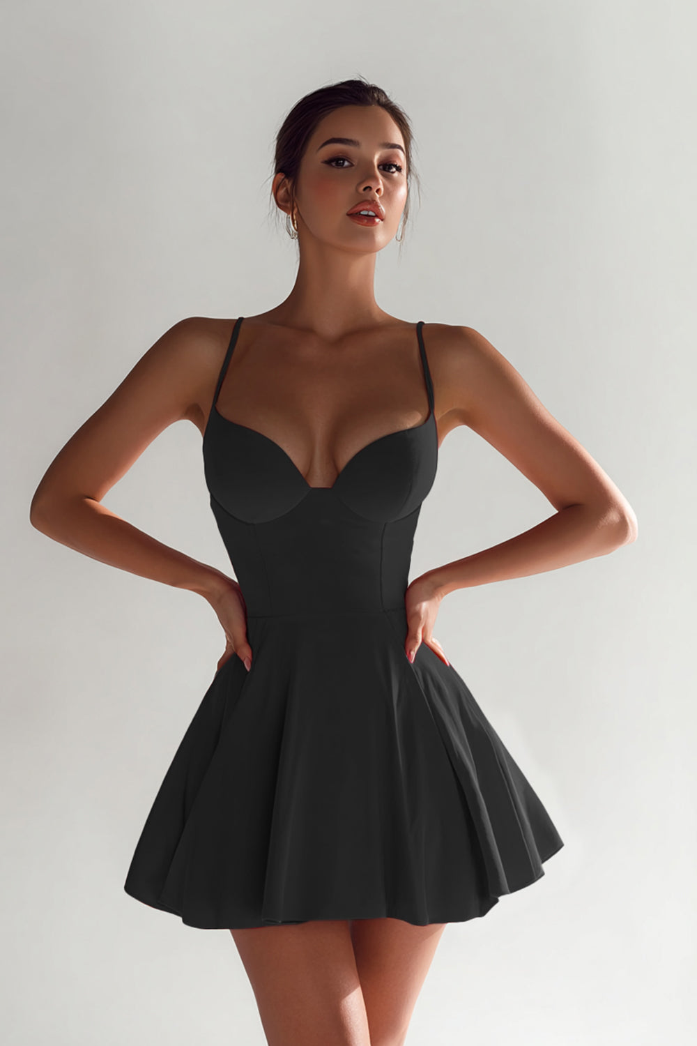 Black A-Line Satin Spaghetti Straps Mini Cocktail Dress