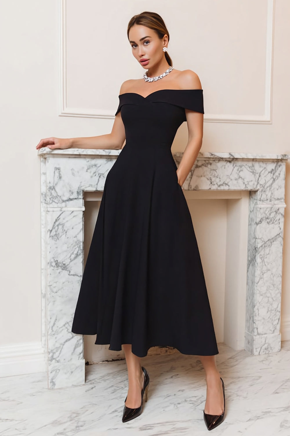 Elegant Black A-Line Off the Shoulder Black Tie Dress