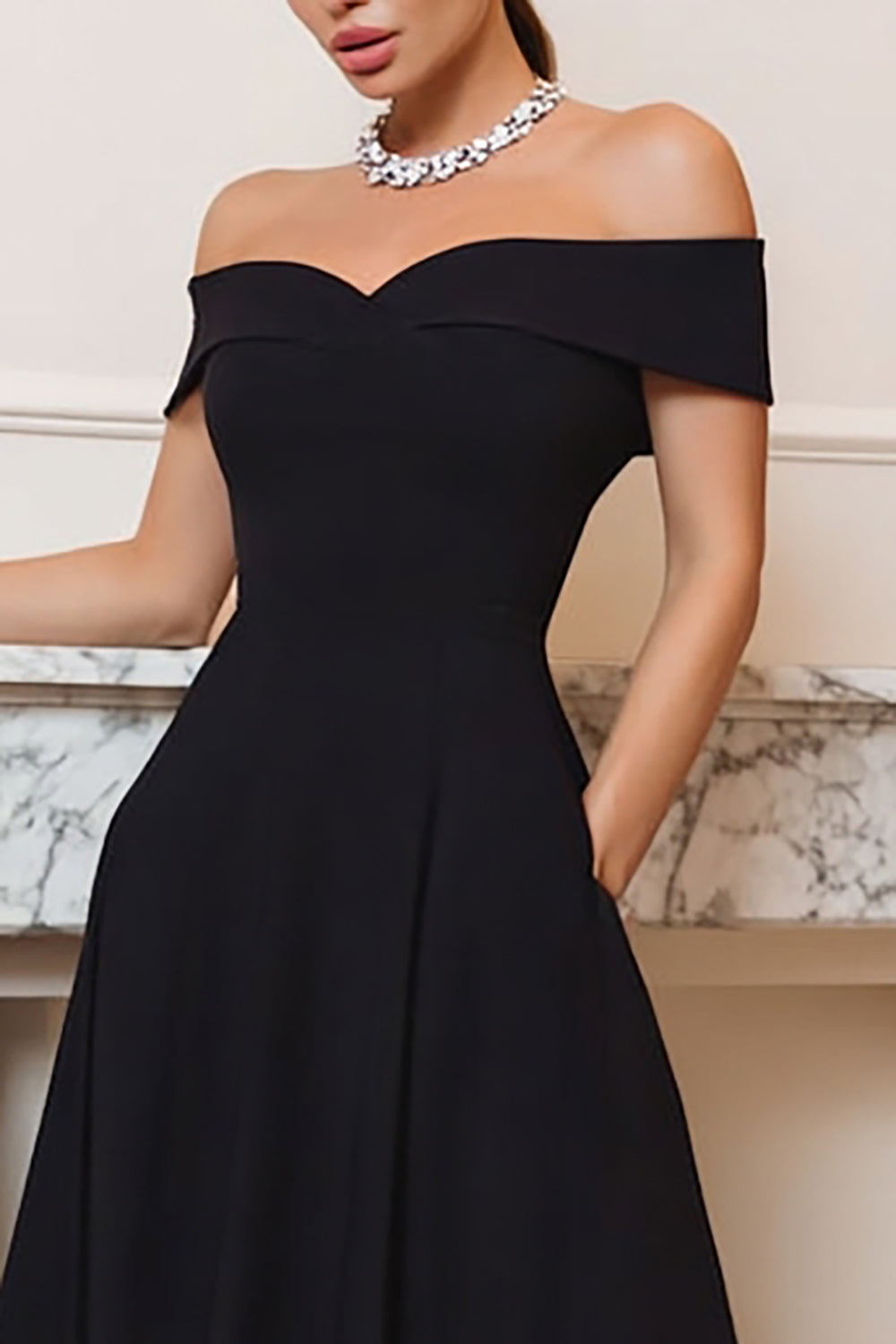 Elegant Black A-Line Off the Shoulder Black Tie Dress