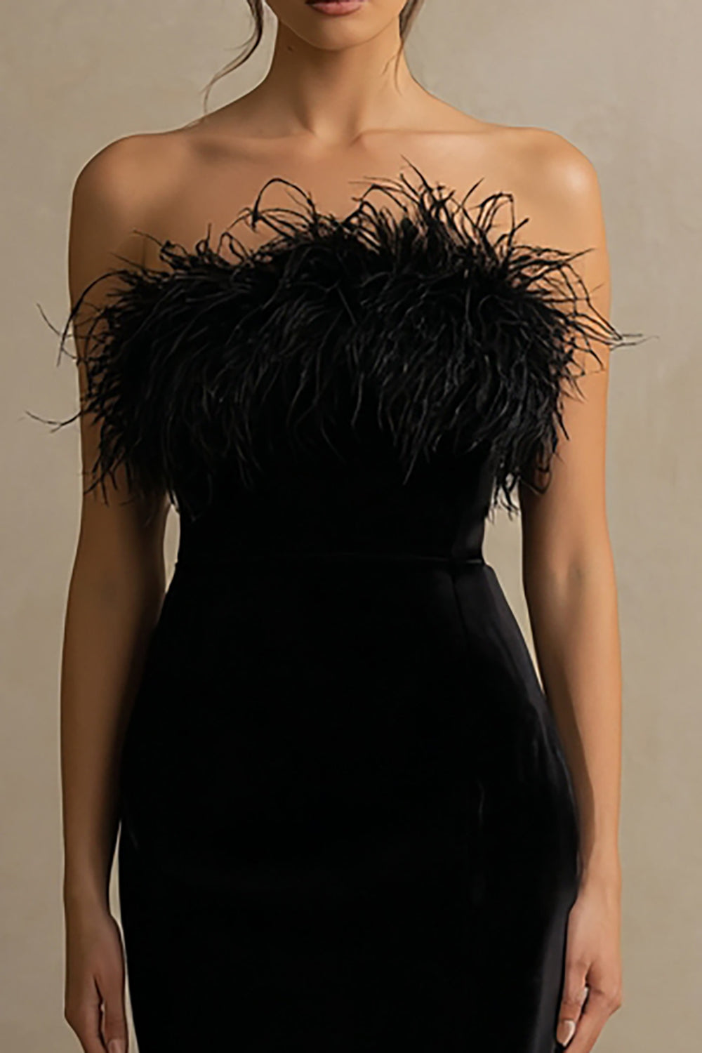 Black Velvet Strapless Sheath Long Holiday Party Dress with Feathers