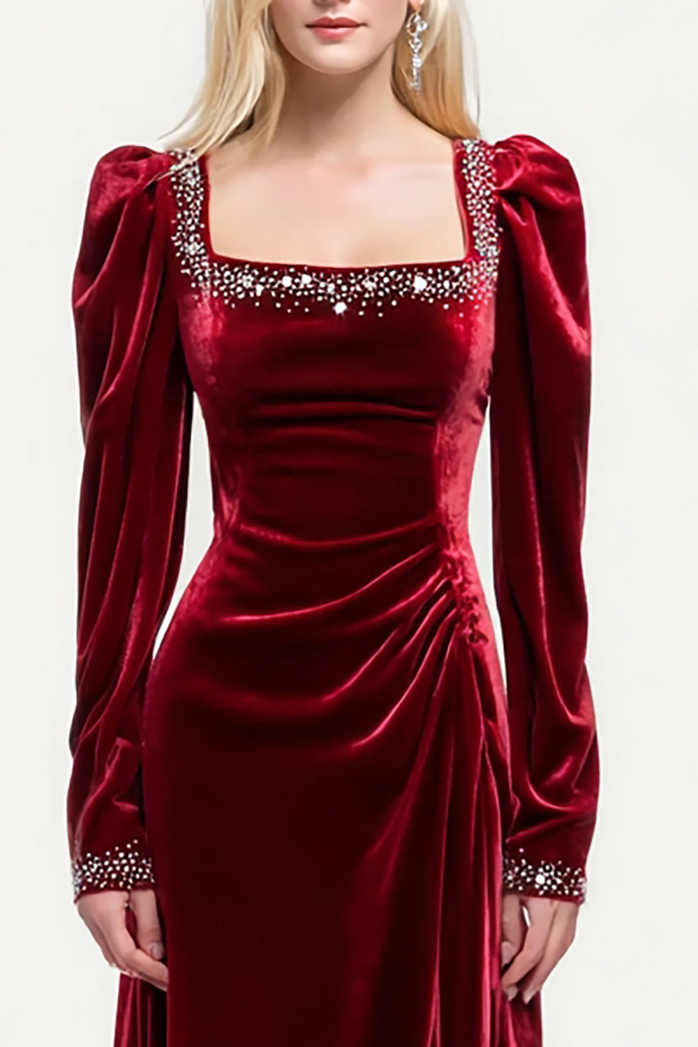 Sparkly Burgundy A-Line Velvet Long Sleeves Holiday Party Dress with Beading