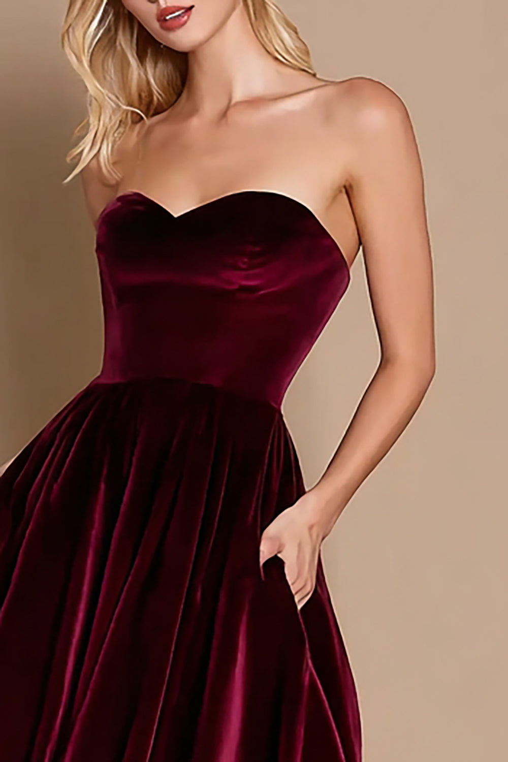 Burgundy A-Line Velvet Sweetheart Midi Holiday Party Dress