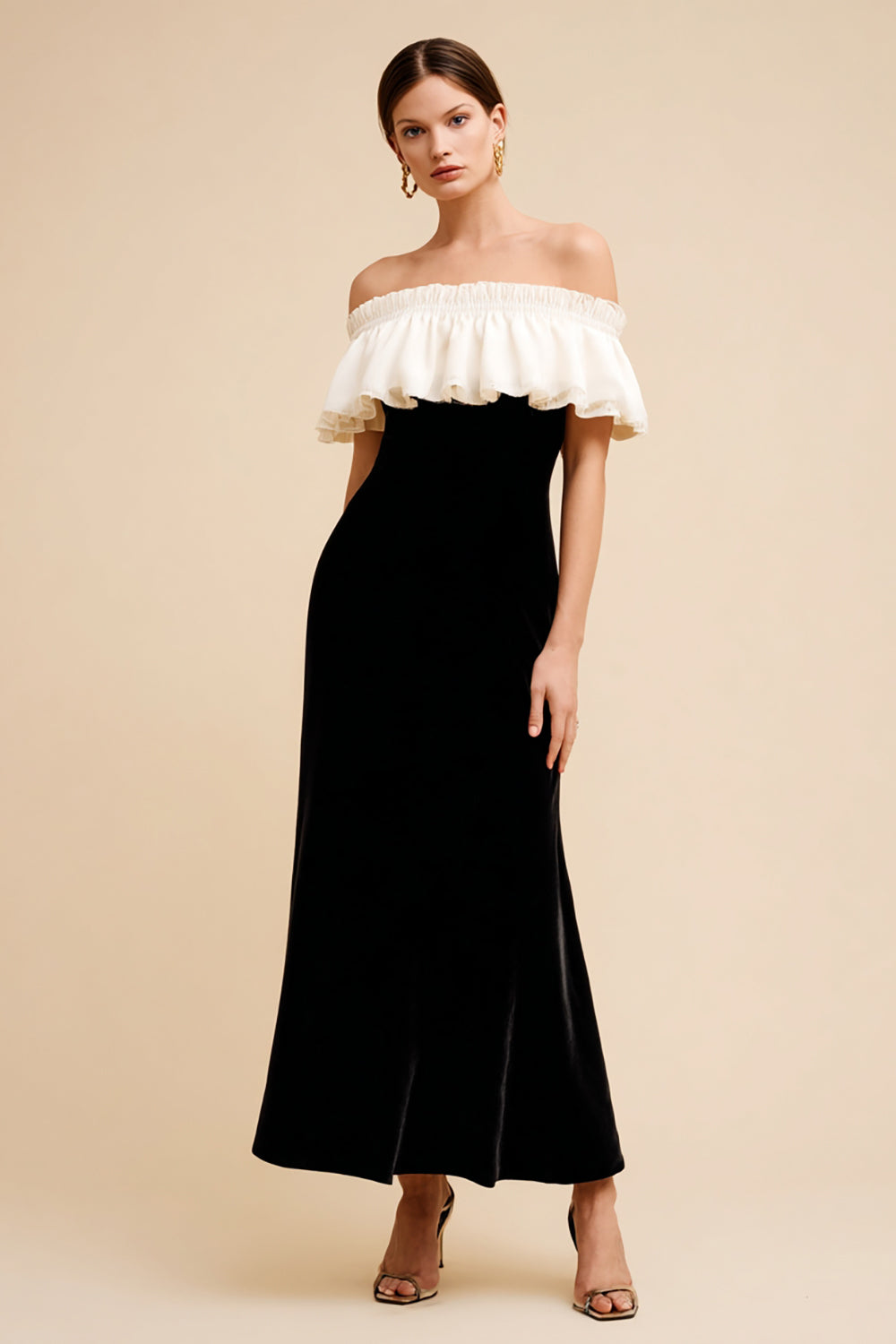 Black and White Velvet Off the Shoulder Long Holiday Party Dress with Ruffles