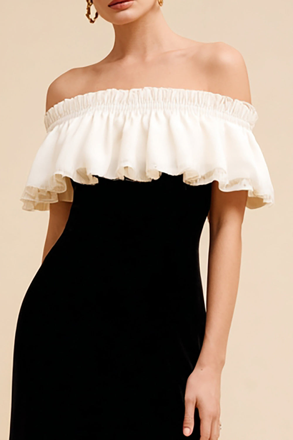 Black and White Velvet Off the Shoulder Long Holiday Party Dress with Ruffles