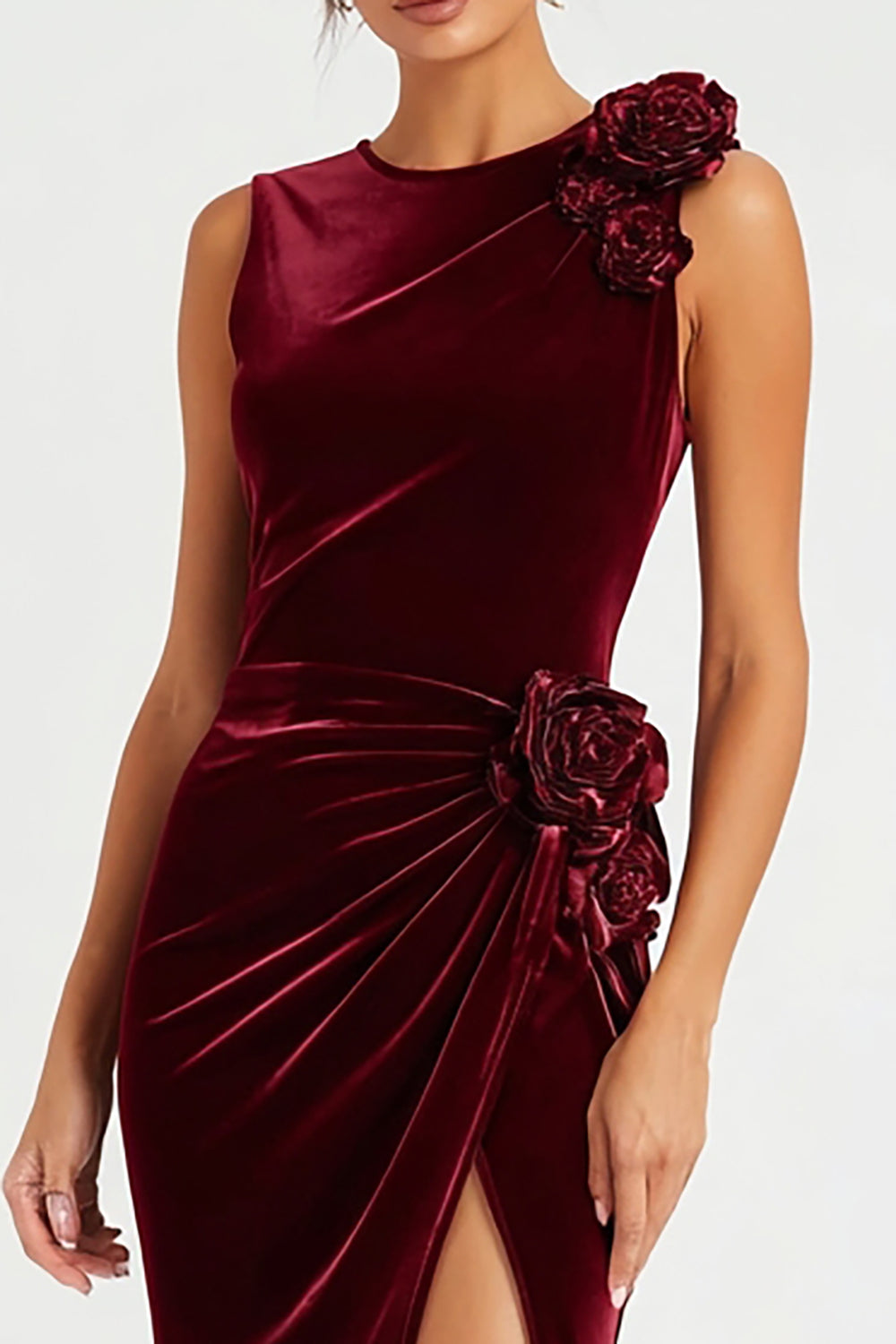 Burgundy Velvet Sheath Ruched Long Holiday Party Dress with 3D Flowers