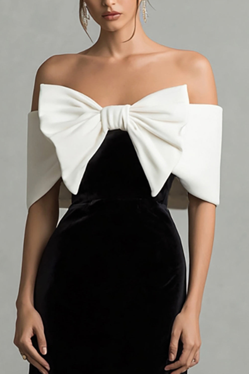 Black and White Off the Shoulder Long Velvet Holiday Party Dress with Bow