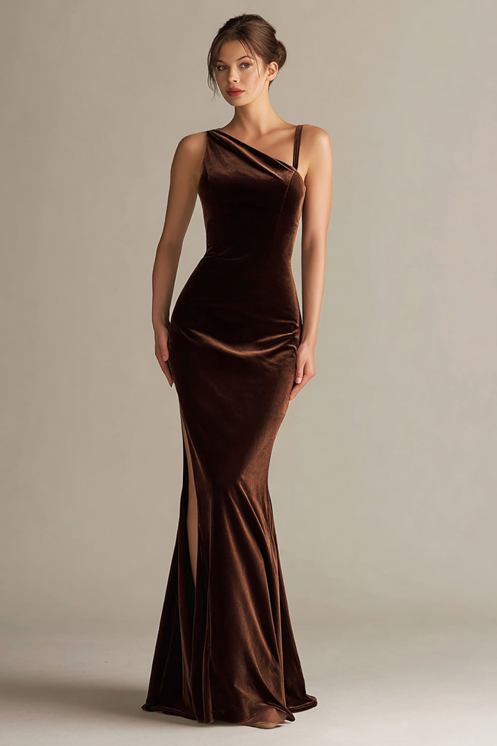 Dark Brown Velvet Asymmetrical Neck Long Mermaid Holiday Party Dress