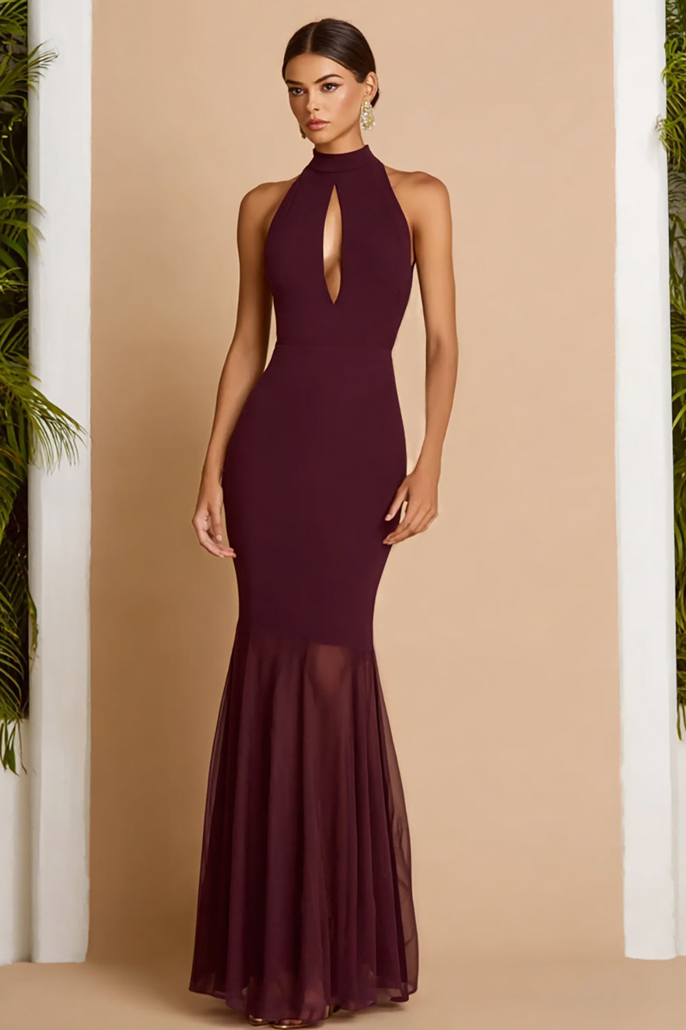 Eelgant Burgundy Mermaid Keyhole Hlater Long Wedding Guest Dress