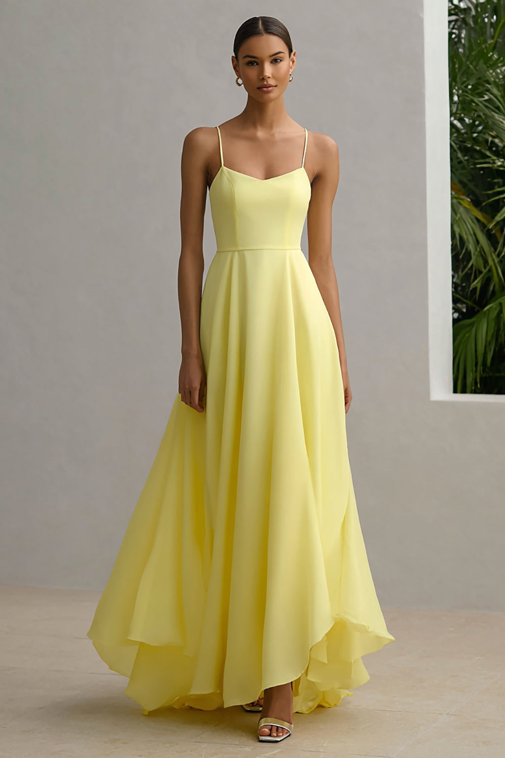 Flowy Daffodil A-Line Spaghetti Straps Long Chiffon Wedding Guest Dress