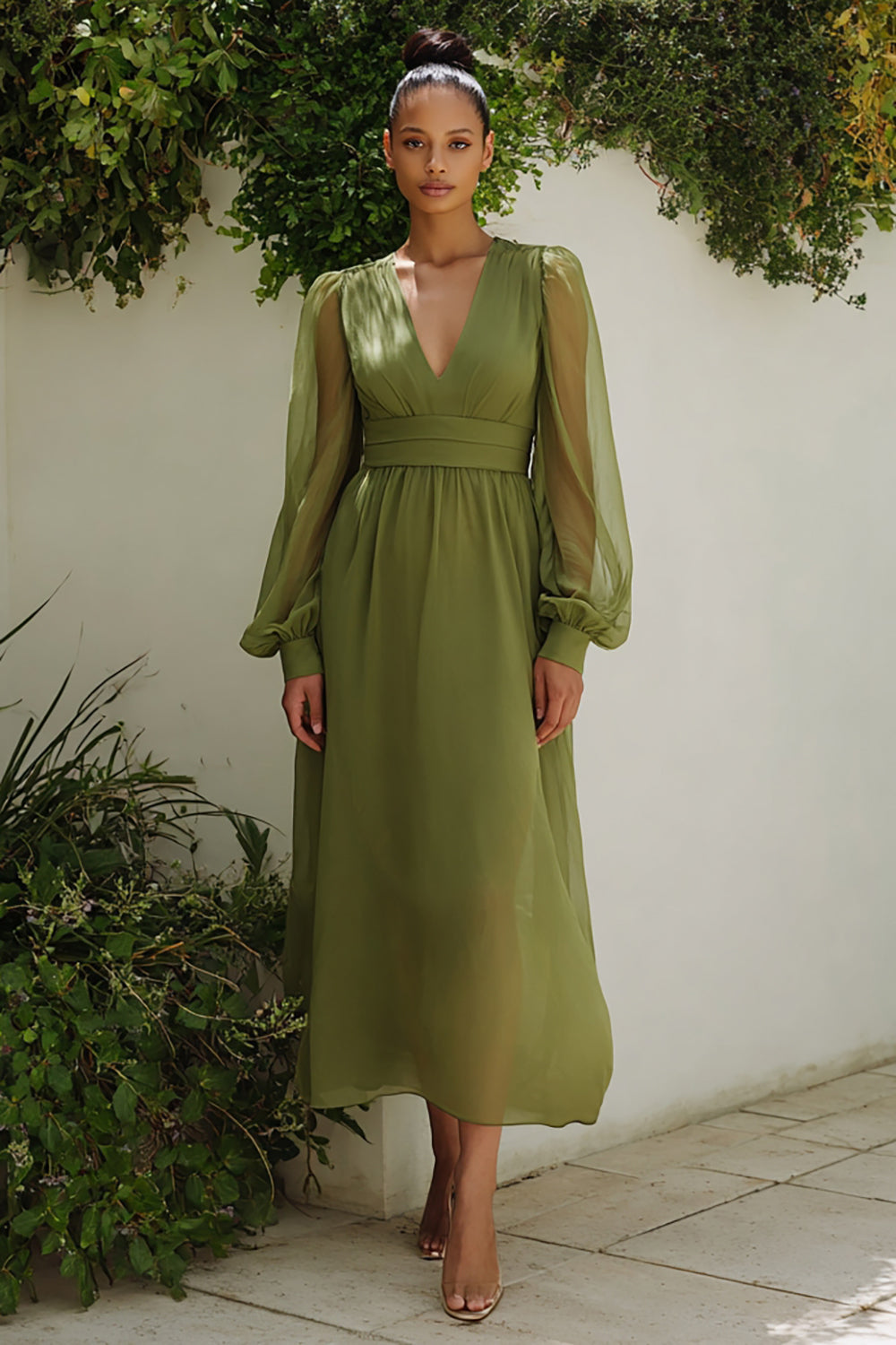 Olive Chiffon A-Line Long Sleeves Wedding Guest Dress