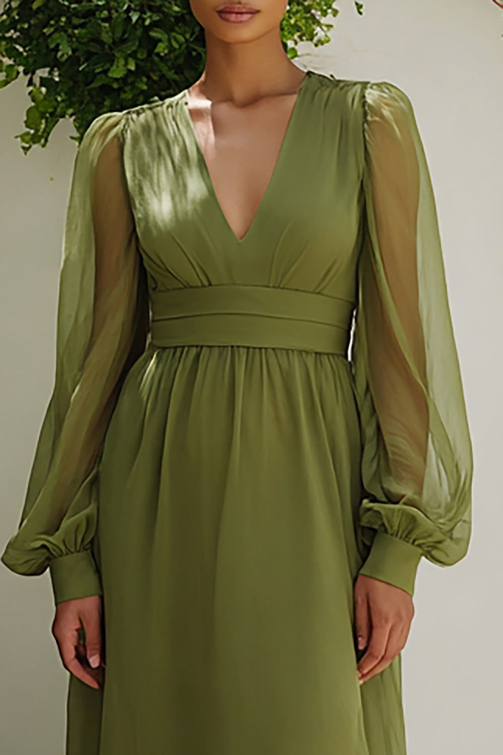 Olive Chiffon A-Line Long Sleeves Wedding Guest Dress