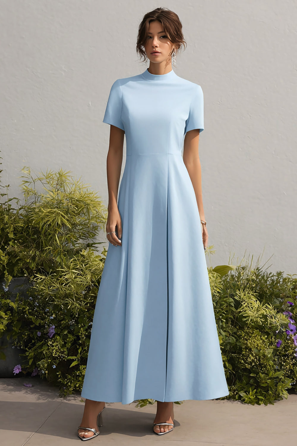 Modest Sky Blue A-Line Long Wedding Guest Dress with Sleeves