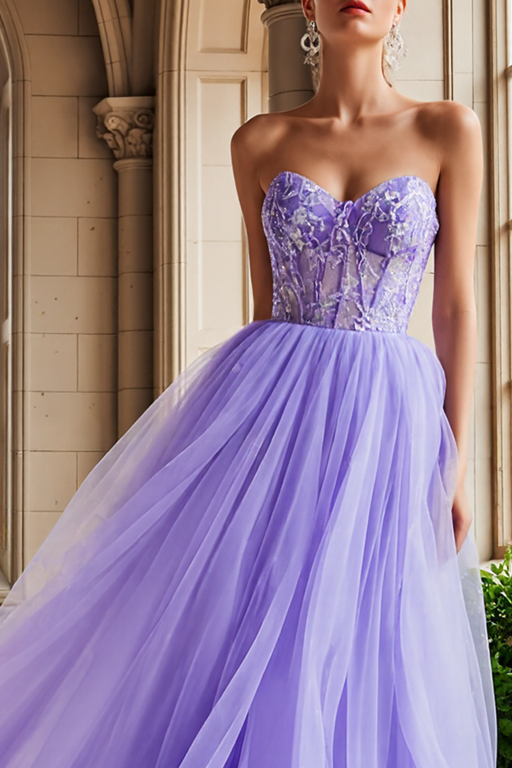 Lilac Tulle Strapless Corset Long Prom Dress with Appliques