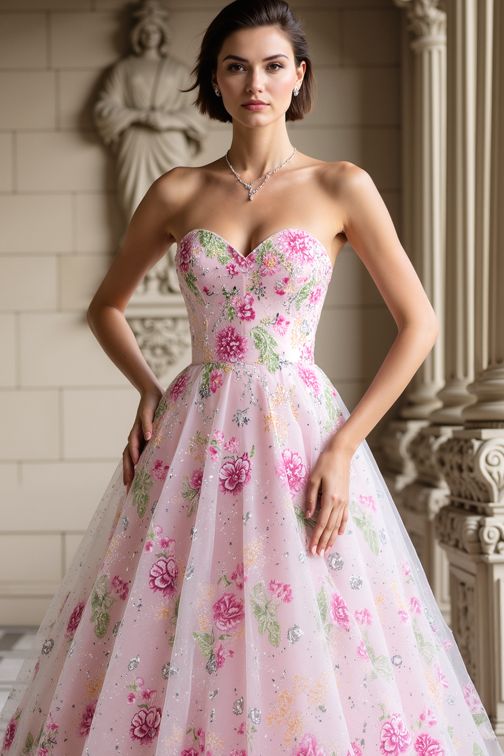 Sparkly Pink Floral Sweetheart A Line Long Prom Dress with Beadings