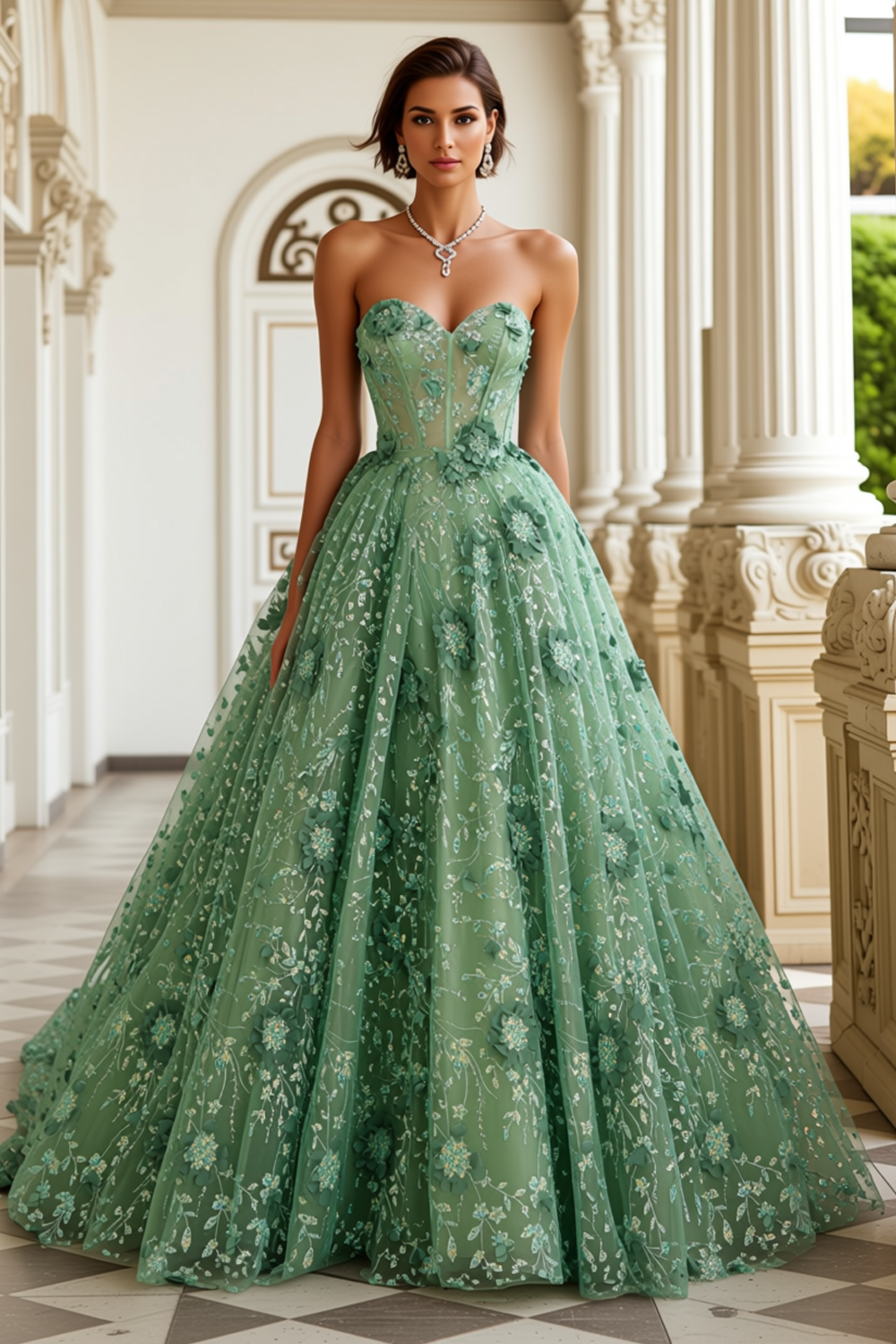 Green Floral A Line Corset Sweetheart Long Prom Dress