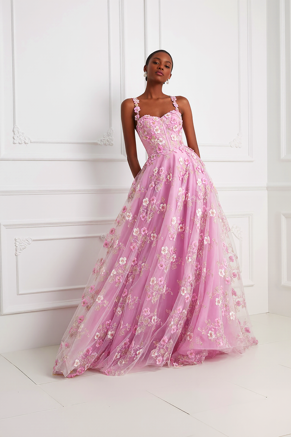 Pink Floral A Line Thick Straps Long Corset Prom Dress