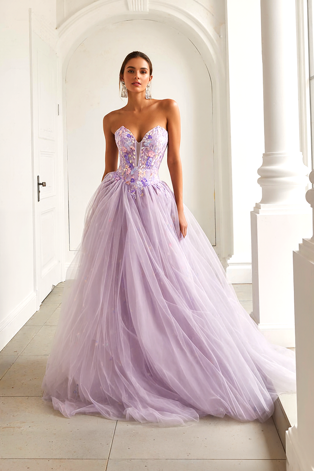 Lilac Tulle Floral A Line Sweetheart Long Prom Dress