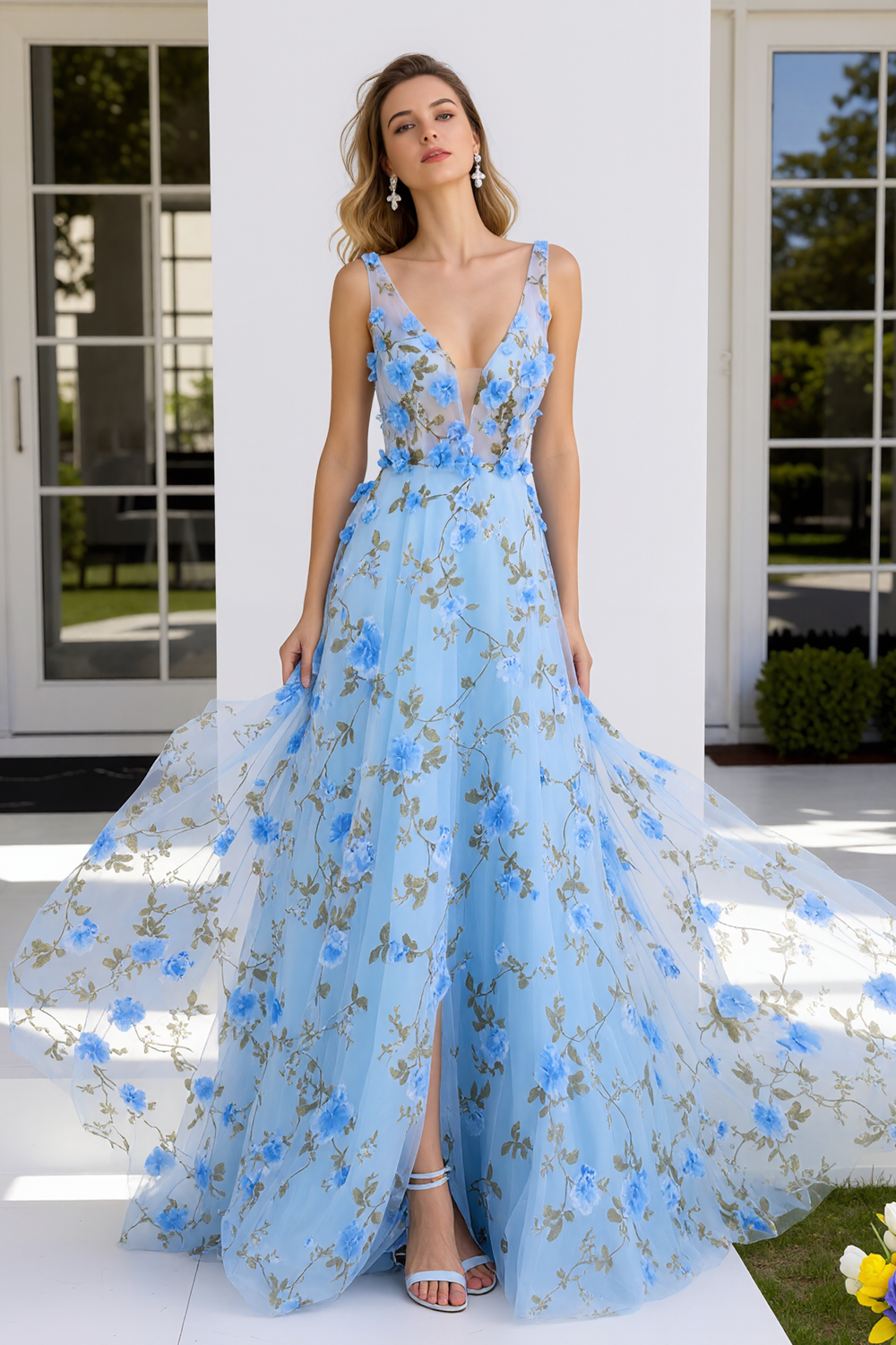 Floral Light Blue Tulle V-Neck A-Line Long Prom Dress with Slit