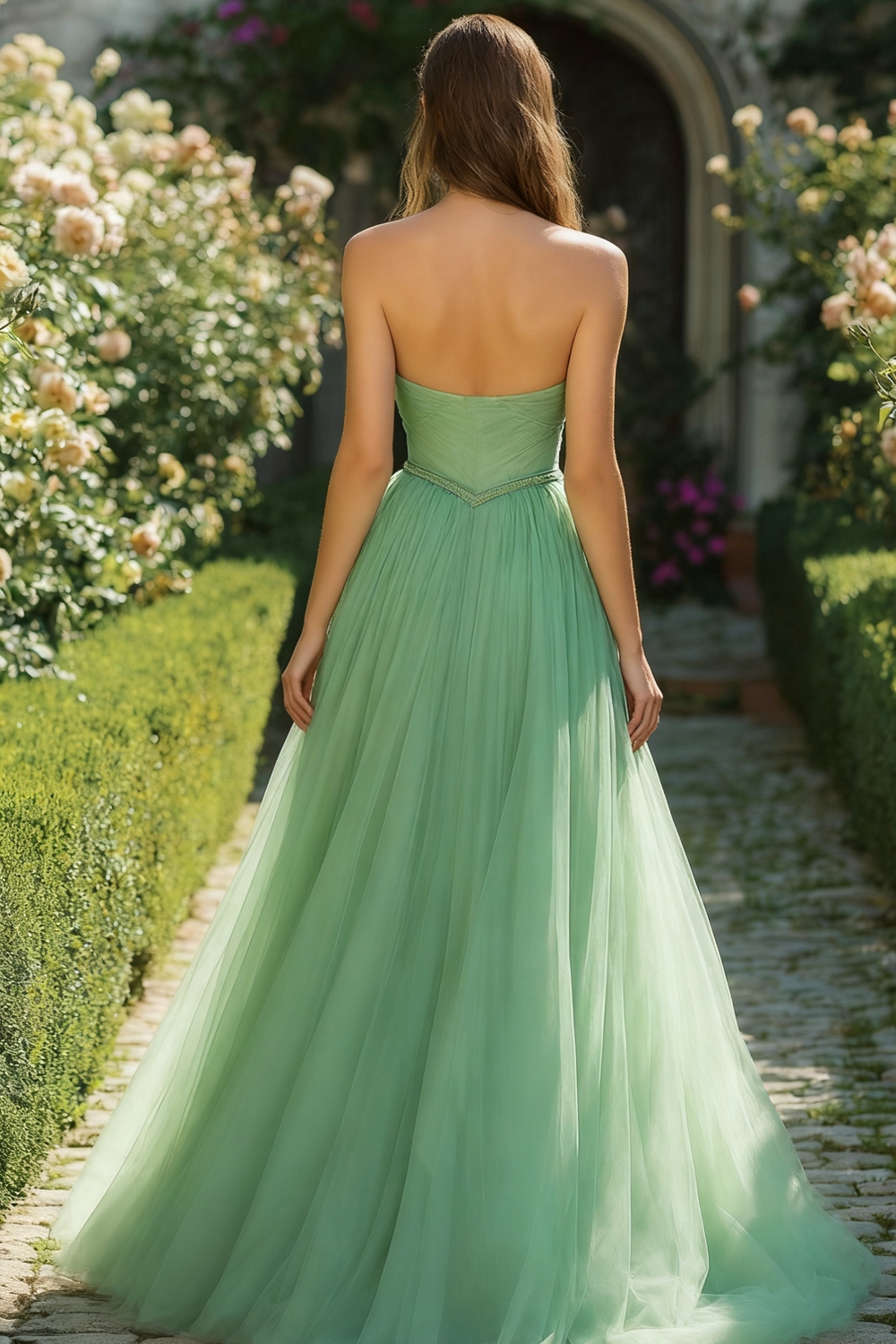 Light Green A-Line Tulle Sweetheart Long Corset Prom Dress