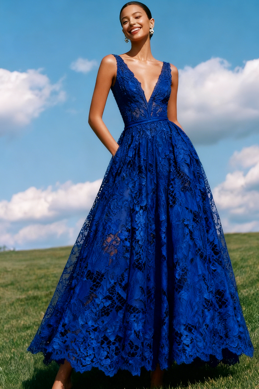 Blue A-Line Lace V-Neck Backless Long Prom Dress