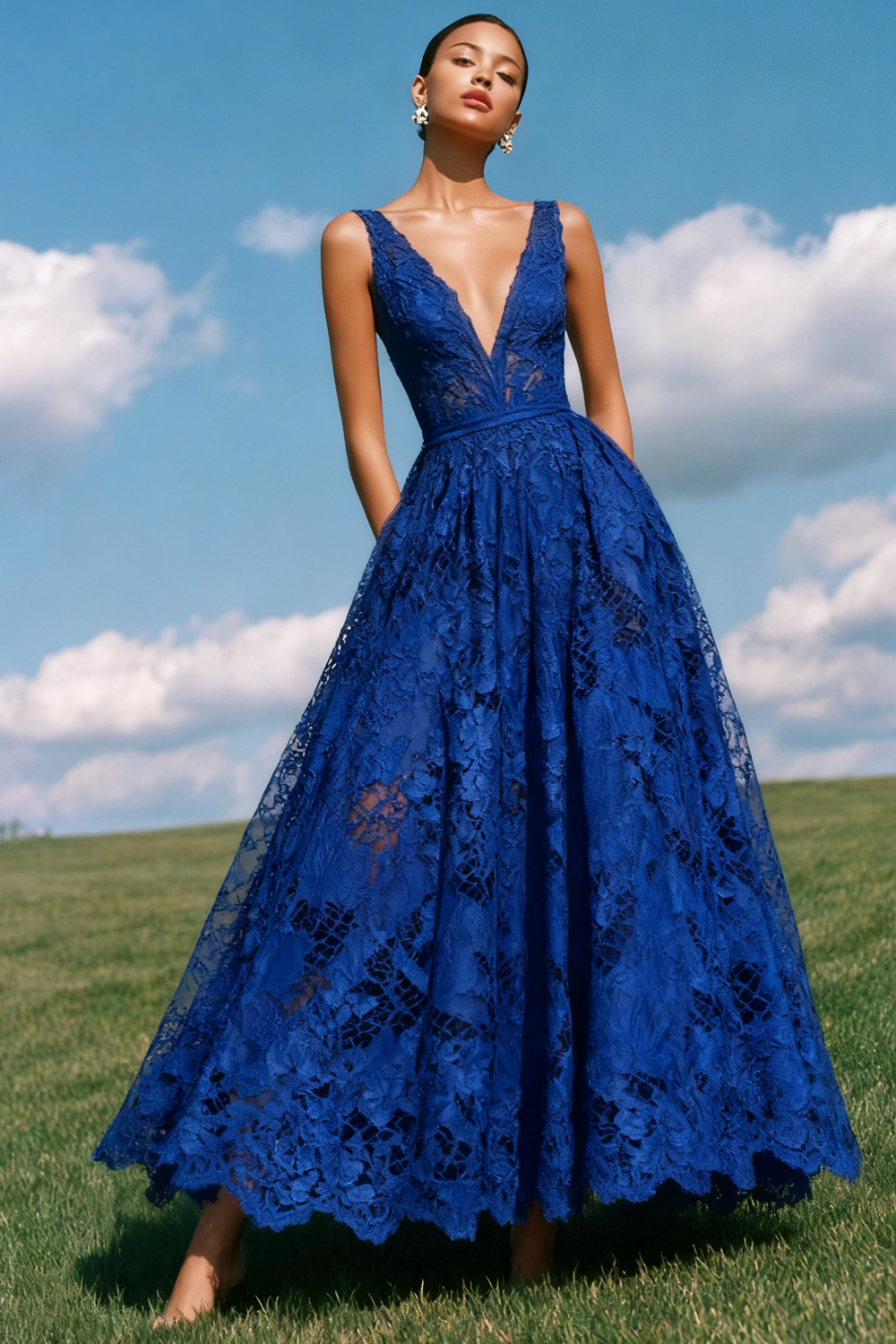 Blue A-Line Lace V-Neck Backless Long Prom Dress