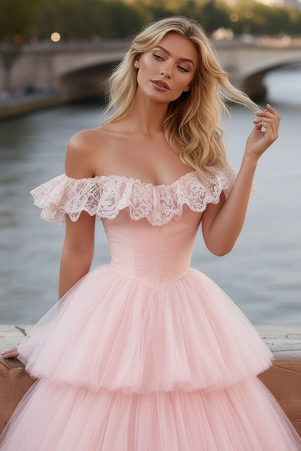 Light Pink Tulle Tiered Ball Gown Long Corset Prom Dress with Lace