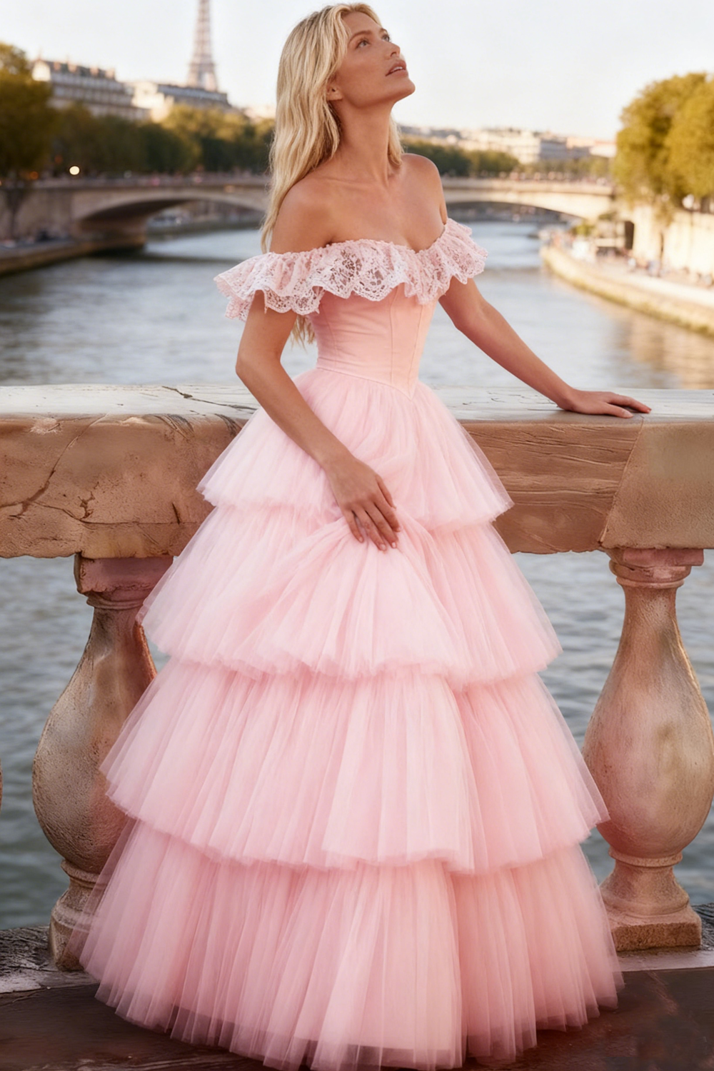 Light Pink Tulle Tiered Ball Gown Long Corset Prom Dress with Lace