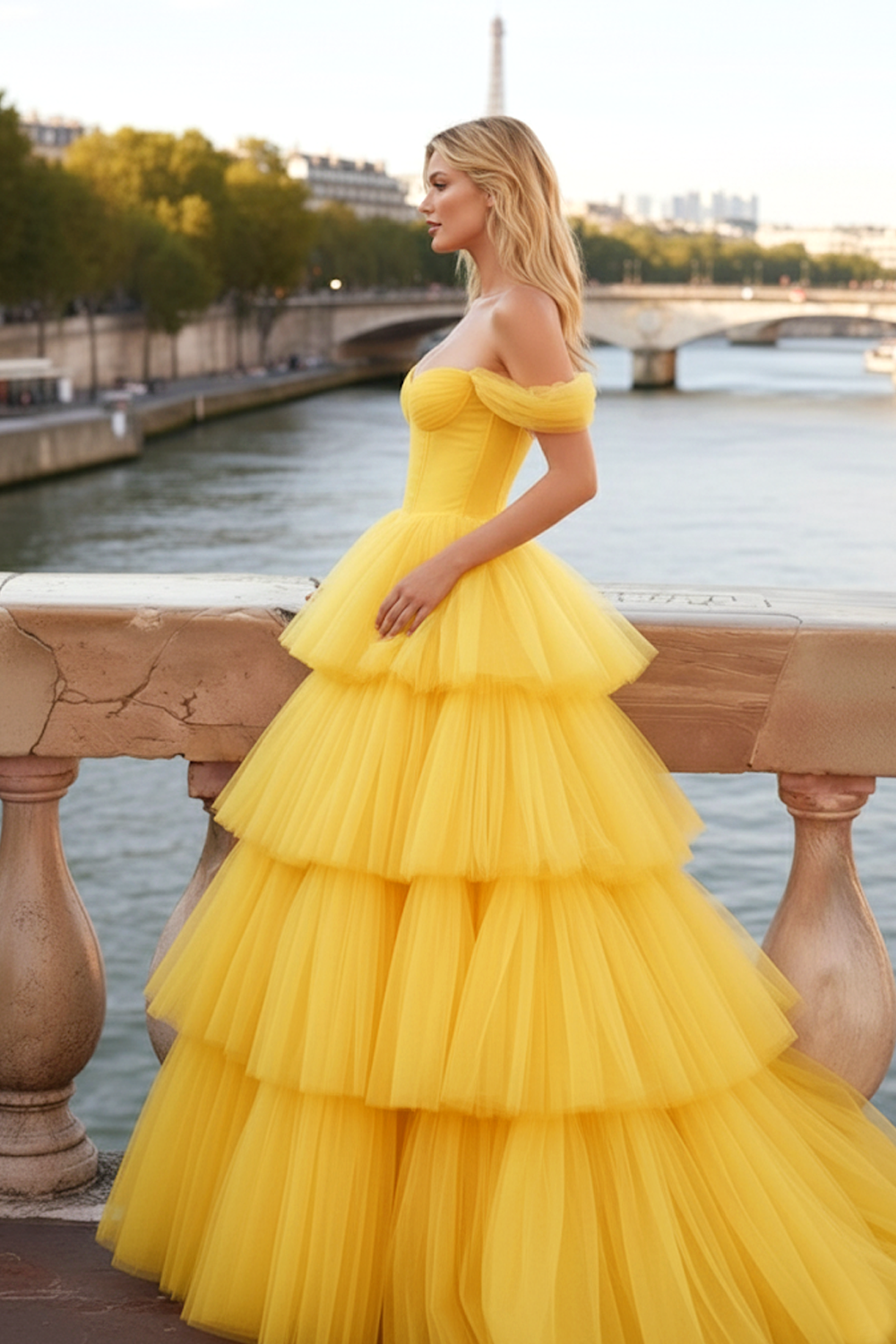Yellow A-Line Off the Shoulder Tiered Tulle Long Corset Prom Dress