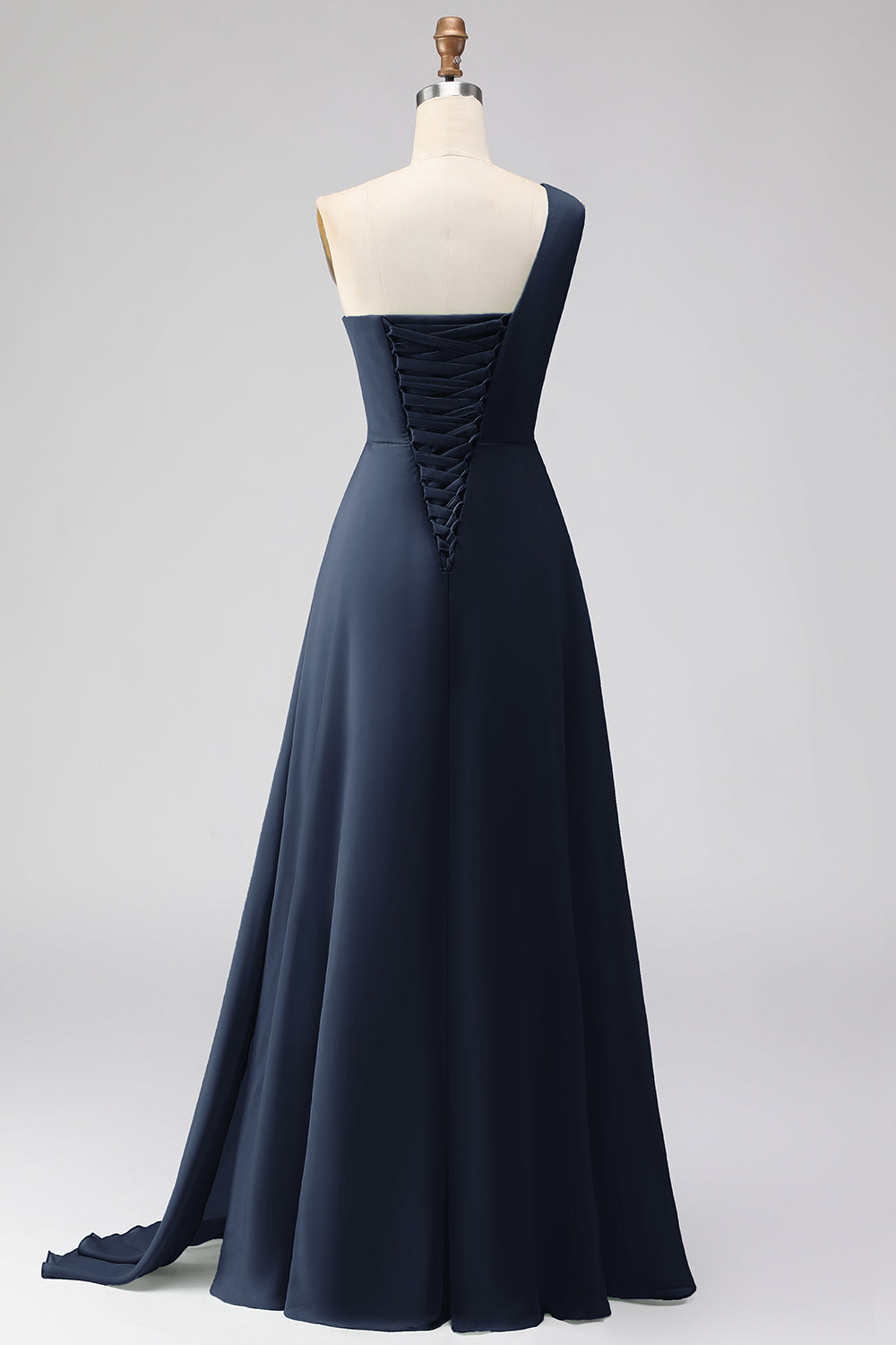 Navy Ruched One Shoulder A Line Long Wedding Guest Dress with Slit