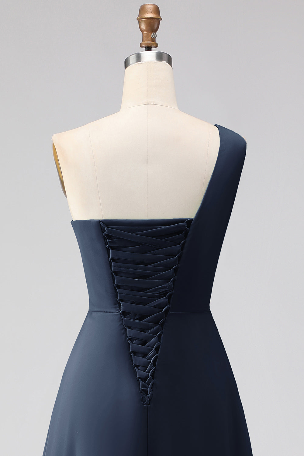 Navy Ruched One Shoulder A Line Long Wedding Guest Dress with Slit