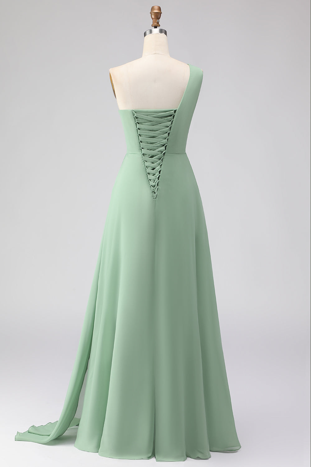 Sage Green One Shoulder Long Ruched Prom Dress with Slit