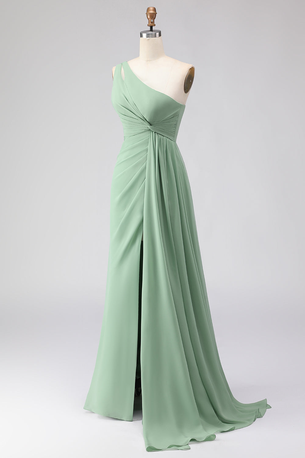 Sage Green One Shoulder Long Ruched Prom Dress with Slit